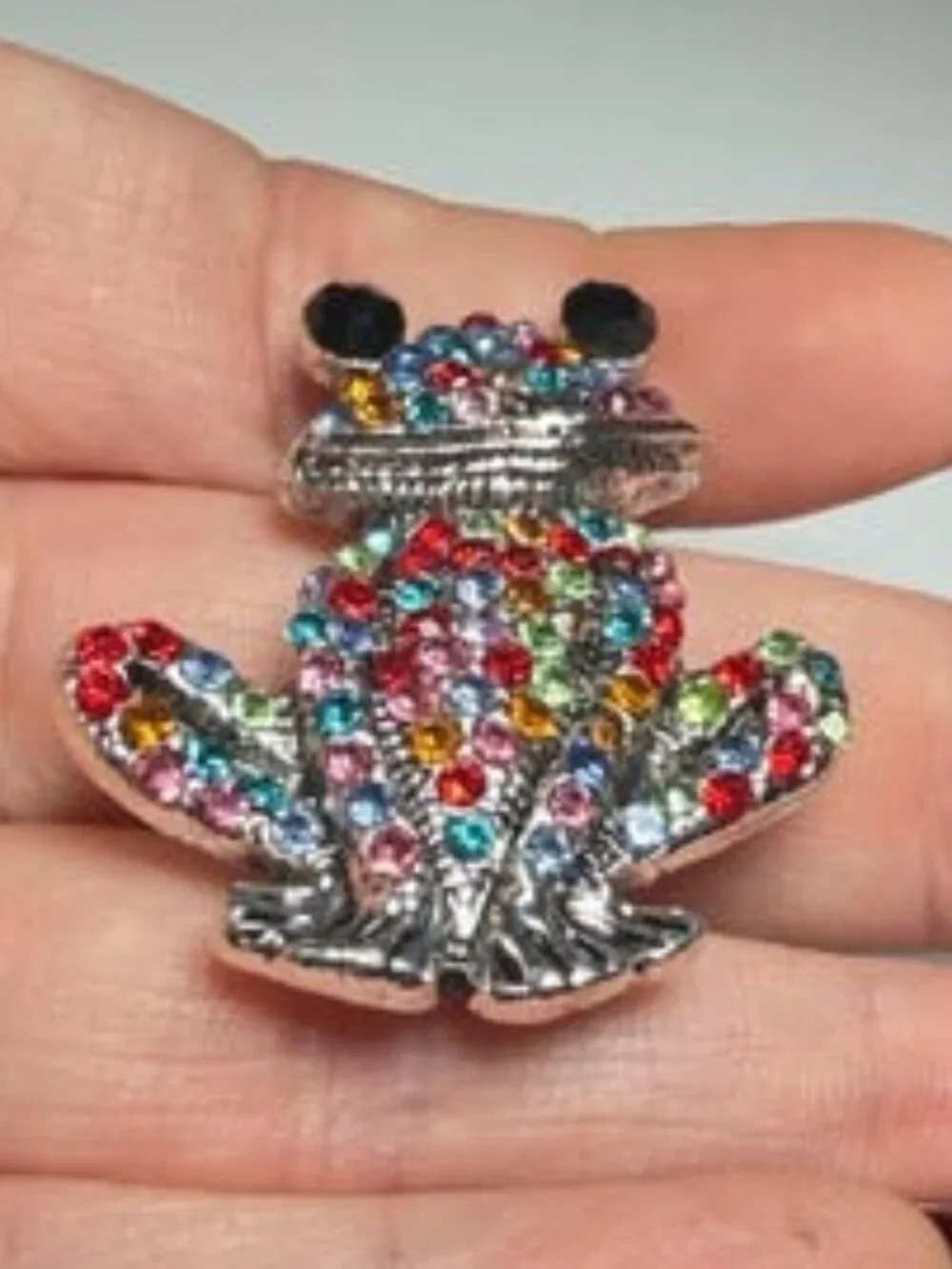 Colorful Rhinestone Frog Brooch Silver Tone Animal Pin